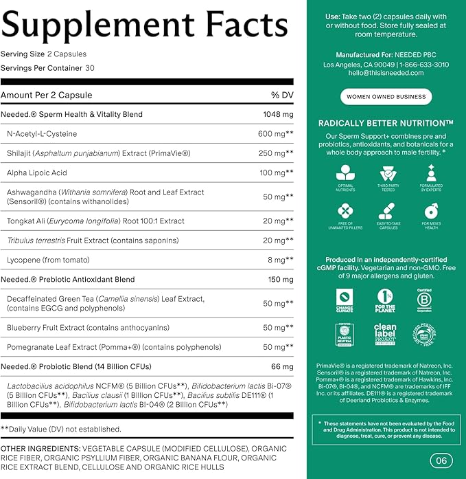 Needed. Sperm Support - Fertility Supplements for Men - Clinically Studied Botanical Ingredients for A Whole Body Approach to Male Fertility - Prenatal Vitamins - 60 Capsules, 30 Day Supply