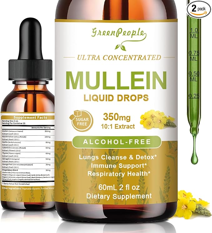 2 Pack Mullein Leaf Drops for Lungs - Mullein Leaf Extract & Marshmallow Root for Lung Cleanse & Detox - Mullein Tincture for Respiratory & Immune Support Herbal Supplement, 2 fl oz