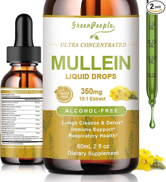 2 Pack Mullein Leaf Drops for Lungs - Mullein Leaf Extract & Marshmallow Root for Lung Cleanse & Detox - Mullein Tincture for Respiratory & Immune Support Herbal Supplement, 2 fl oz