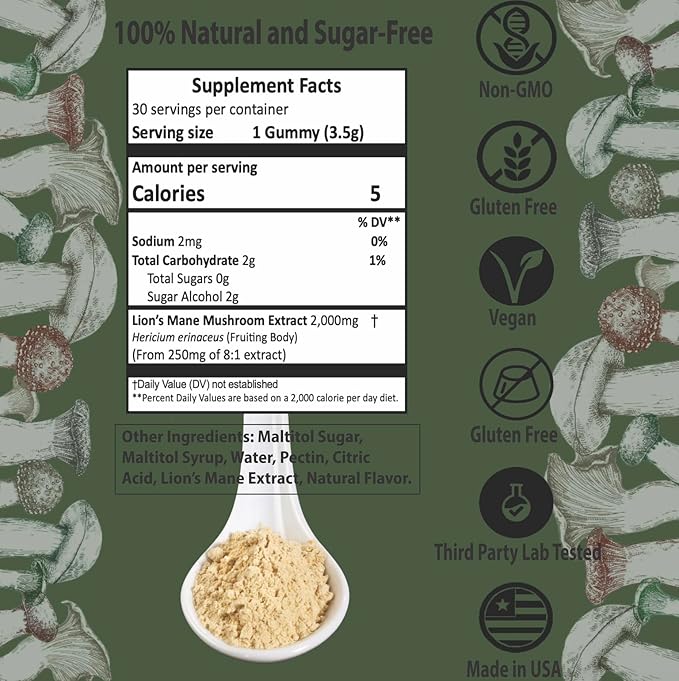 REAL Lion’s Mane Mushroom Gummies - Heart, Immunity, Inflammation, Brain Support, Vegan, Sugar-free, GF, 30 TRUE Servings, 3.7oz