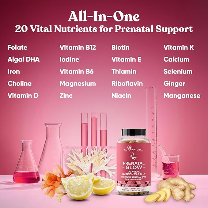 Glow Prenatal Vitamins for Women – 20-in-1 Vital Nutrients for Healthy Pregnancy and Fetal Development – Folic Acid & Vegan DHA For Baby's Growth & A Comfortable Pregnancy – 120 Nourishing Capsules