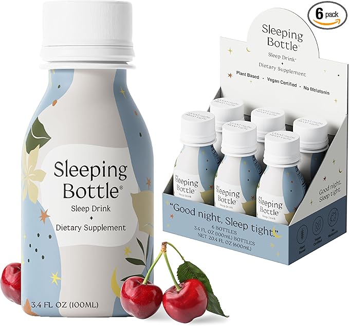 Sleep Aid Drink, Melatonin Free, Vegan, No-Sugar, Cherry Flavor (3.4 Fl Oz, Pack of 6)