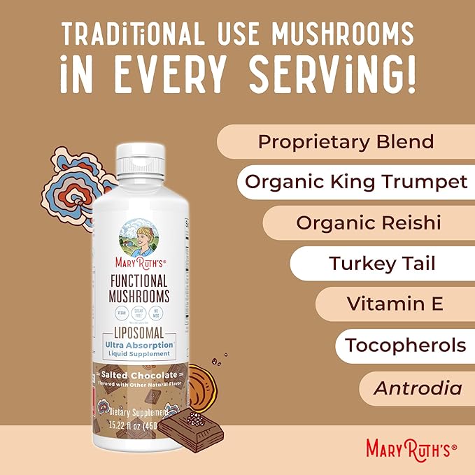 MaryRuth Organics Mushroom, Mushroom Supplement, Mushroom Liquid Vitamin, Reishi Mushroom Supplement for Immune Support, Turkey Tail Vitamin for Stress Relief, Vegan, Non-GMO, Gluten Free, 15.22 Fl Oz