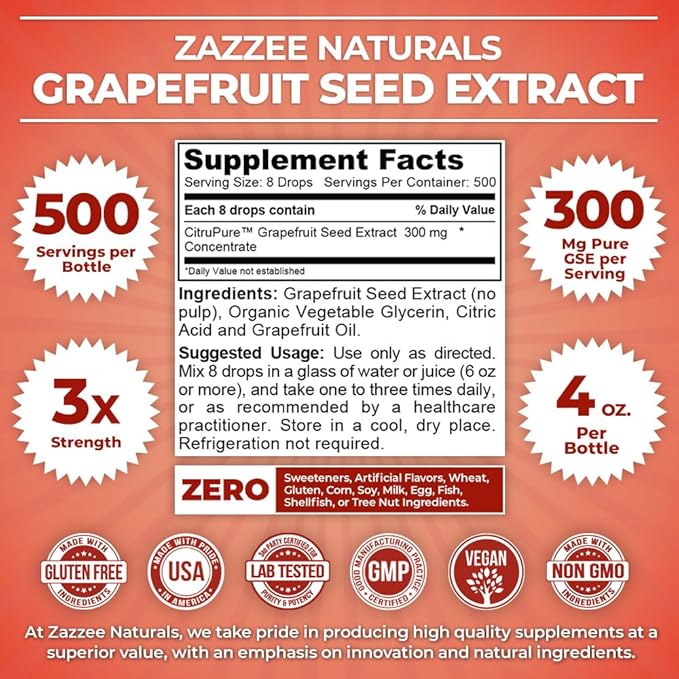 Zazzee GSE, 3X Triple Strength, 4 Ounces, 500 Servings, 300 mg per Serving, Premium Liquid Grapefruit Seed Extract Concentrate with Bioflavonoids, Vegan, Gluten Free, All-Natural, Made in The USA