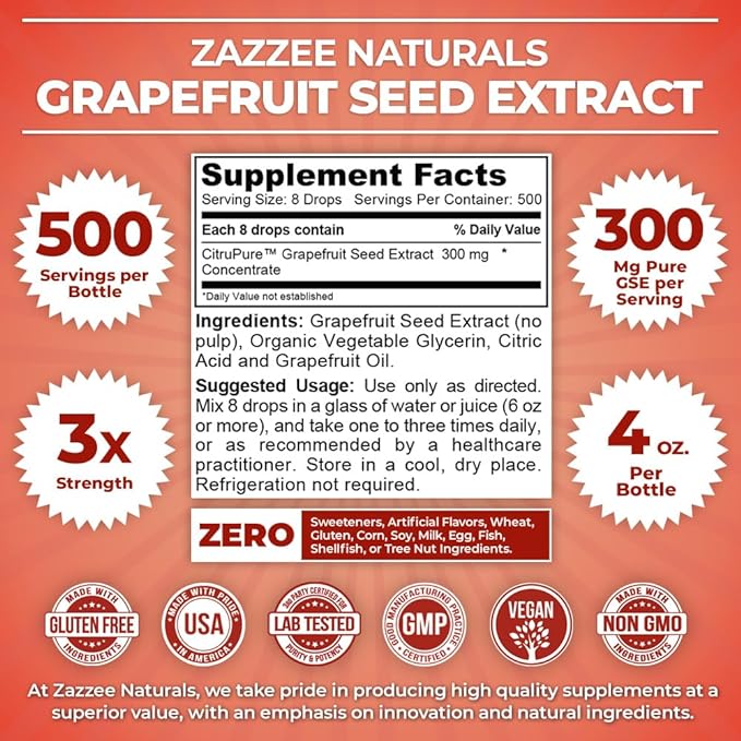 Zazzee GSE, 3X Triple Strength, 4 Ounces, 500 Servings, 300 mg per Serving, Premium Liquid Grapefruit Seed Extract Concentrate with Bioflavonoids, Vegan, Gluten Free, All-Natural, Made in The USA