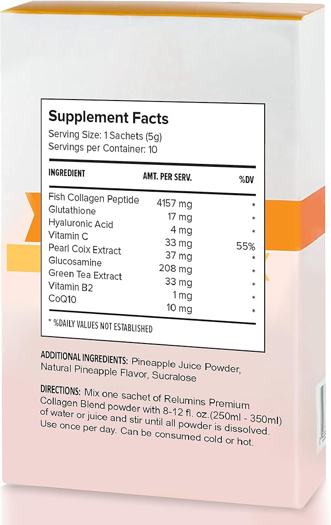 Relumins Marine Collagen Powder Drink Mix - Collagen Peptide with Glutathione, Green Tea, CoQ10, & Hyaluronic Acid Boosts Glowing Skin - 100 Powder Sachets x Pineapple Flavored + 10 Free Sachets