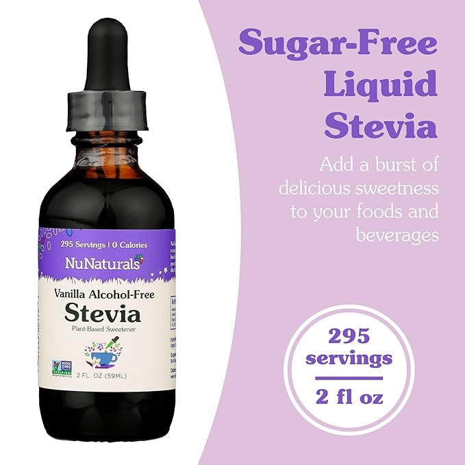 NuNaturals Liquid Stevia, Sugar-Free Sweetener, Plant-Based Sugar Substitute, Zero Calorie, Vanilla Flavor, Alcohol-Free, 2 oz