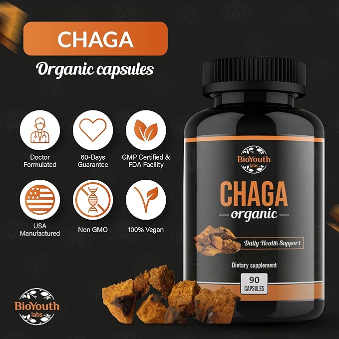 Chaga Capsules Organic Supplement | Supports Immune Health & Vitality | Daily Immune Support | Organic Chaga Mushroom Extract | 90 Capsules (1 Month Supply)