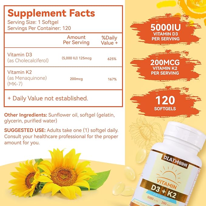 Vitamin D3 K2 Supplement Softgels, Vitamin D3 5000 IU & Vitamin K2 MK7 200 mcg, Bone & Teeth Support, Easy to Swallow - 120 Counts