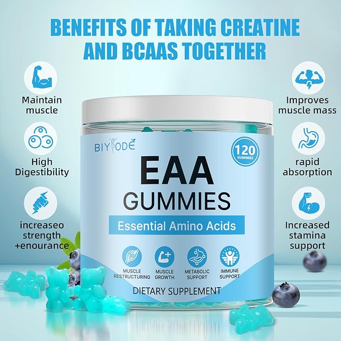 EAA Gummies: Essential Amino Acids All 9 Essential Aminos & Branched-Chain Aminos Non-GMO Gluten Free Vegetarian-Friendly 120 Gummie Blue Raspberry