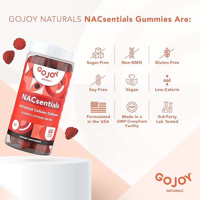 GOJOY NACsentials Sugar-Free NAC Gummies – 600mg N-Acetyl Cysteine with Vitamin C, ALA, Quercetin & Astaxanthin – Antioxidant & Liver Detox Support – Vegan & Keto-Friendly – 60 Gummies