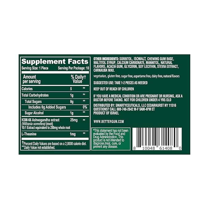AshwaGum FOCUS Gum by BetterGum, High Potency Brain Supplement with KSM 66 Ashwagandha and L Theanine, Supports Concentration and Memory, Alternative to Gummies, Sugar-Free, 10 Pieces - 6 Pack