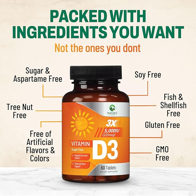 Vitamin D3 5000iu (125 mcg) Immune Health Support - High Potency Vitamin D Dietary Supplement for Bone, Teeth, Muscle - Nature's VIT D, Vegan, Gluten Free, Raspberry Flavor - 60 Chewable Tablets