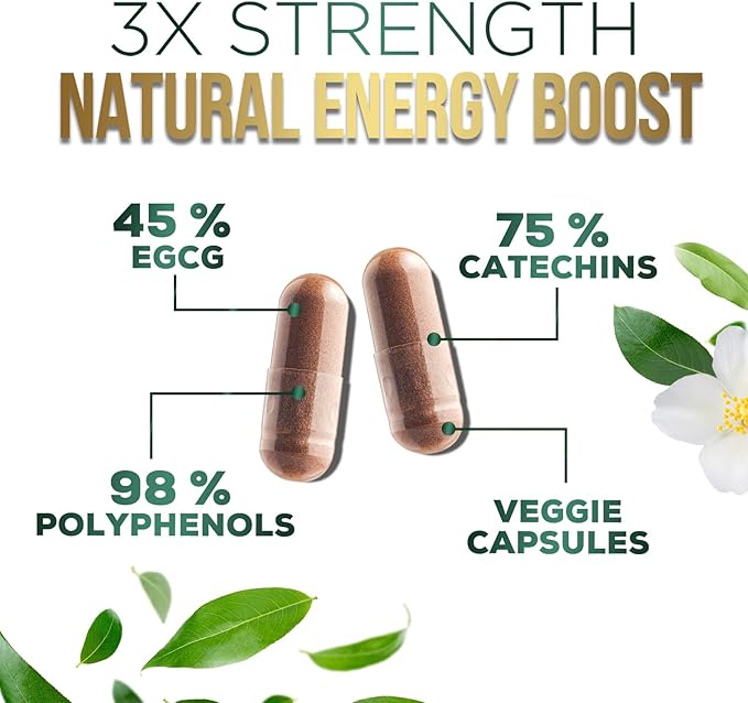 Green Tea Extract Pills 1000mg with EGCG for Heart Support with Antioxidants - 98% Standardized Polyphenols - 3X Absorption Green Tea Capsules for Natural Energy, Gentle Caffeine - 60 Capsules