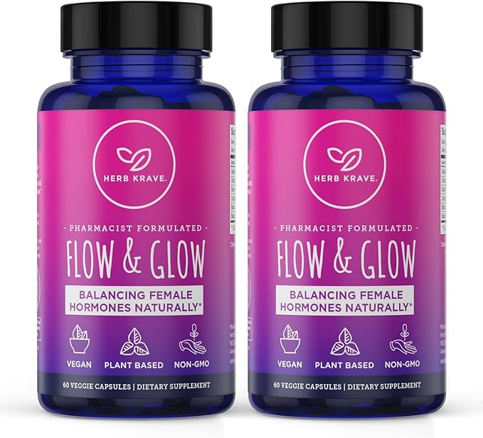 Flow and Glow Natural Hormone Balance for Women - PMS & Menopause Relief for Cramps, Mood Swings & Night Sweats with Donq Quai & Black Cohosh for Menopause - 60 Vegan Capsules (2 Pack)