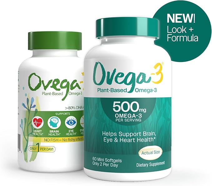OVEGA-3 Plant-Based Omega-3 from Algal Oil Daily Supplement, 500mg, Supports Brain, Eye & Heart Health, Two mini softgels per Day, 60 Count
