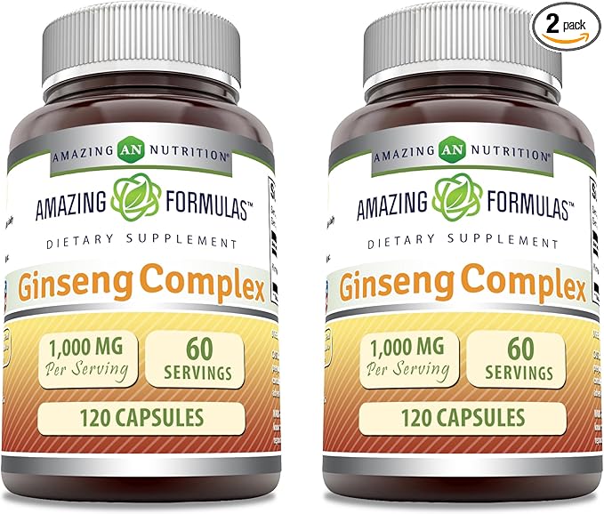 Amazing Formulas Ginseng Complex 1000 Mg of 4:1 Korean Ginseng Extract | Capsules Supplement | Non-GMO | Gluten Free | Made in USA (2 Pack | 120 Count)