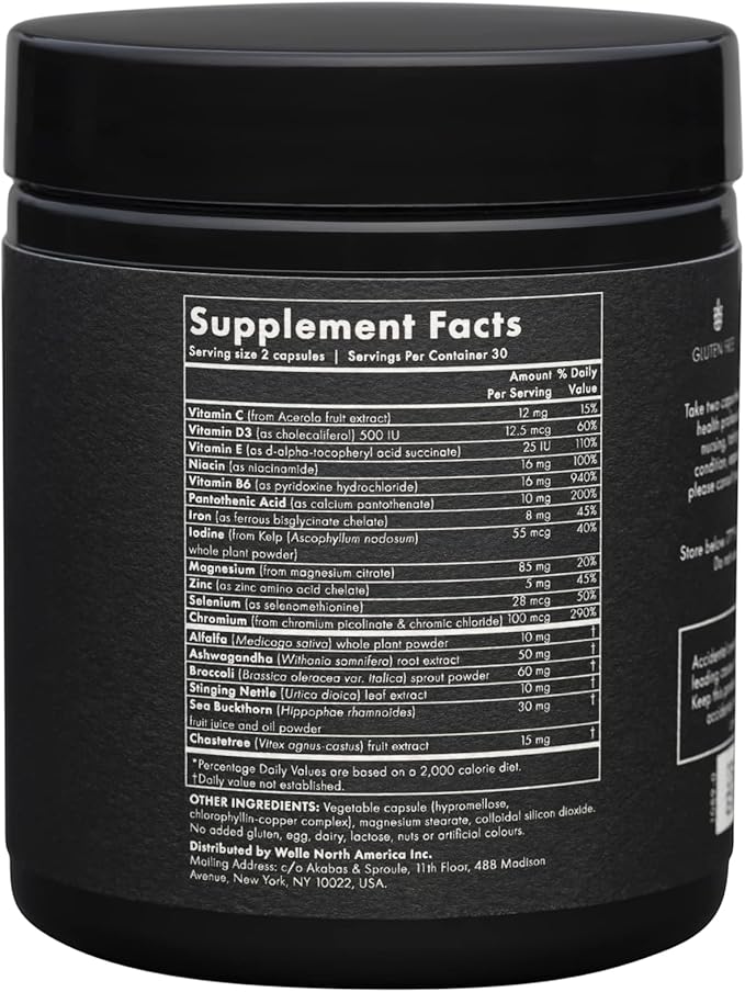 WelleCo The PMS Elixir Premenstrual Support Supplement for Women, Magnesium and Ashwagandha Capsules with Iron, Iodine, Broccoli Sprouts, Vitex, Chromium & B Vitamins, Vegan & Gluten Free, 60 Capsules