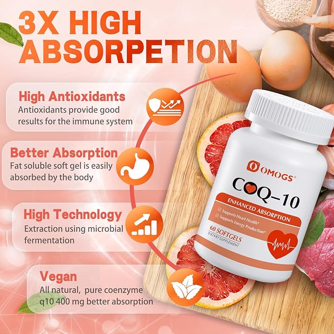 CoQ10 400mg Softgels, Coenzyme Q10 High Absorption Supplements Support Heart Health, Cardiovascular Health, Immune System & Cellular Energy Production, Gluten Free, 60 Softgels