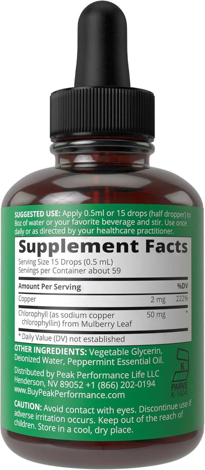 Chlorophyll Liquid Drops - Ultra High Purity, Alcohol Free, Non-GMO, Gluten Free Liquid Chlorophyll Drops Supplement. Take With Water. Internal Deodorant + Skin Care, Immune, and Digestive Support