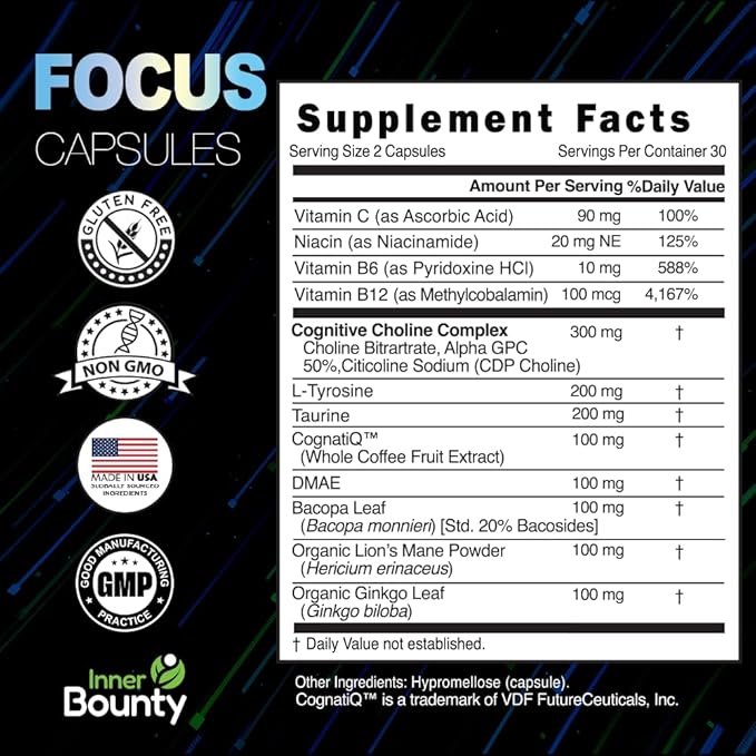 Focus 14-in-1 Nootropic Brain Supplement with Lions Mane, Alpha GPC Choline, Vitamin C & B12, Taurine, Bacopa - Energy, Cognitive, Memory Support, 60 Filler Free Capsules