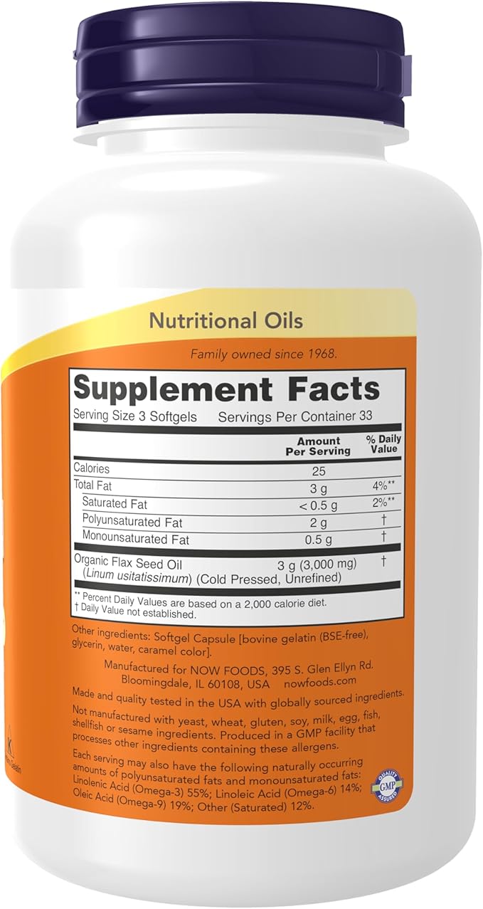 NOW Foods Supplements, Flax Oil 1,000 mg made with Organic Flax Oil, Cardiovascular Support*, 100 Softgels