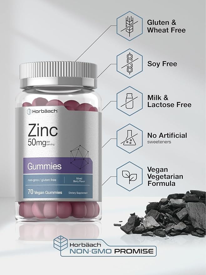 Horbäach Zinc 50mg | 70 Gummies | Mixed Berry Flavor | Vegan, Non-GMO and Gluten Free Formula | Zinc Citrate Dietary Supplement