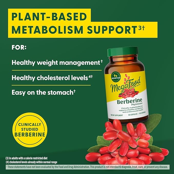 MegaFood Berberine Phytosome - Berberine Supplement 550 mg Per Serving, 1100 mg Daily - 9X Absorption - Supports A Healthy Metabolism & Cholesterol Levels - Vegan - 60 Capsules, 30 Day Supply