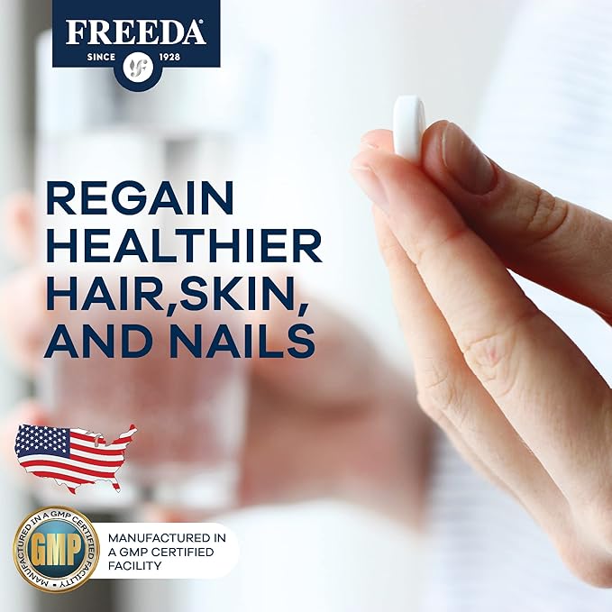 FREEDA Biotin 10,000 mcg – Kosher Hair, Skin & Nails Supplement – High-Potency B7 for Hair Growth & Strong Nails – Vegan Tablets with D-Biotin – 100 Tiny Tablet