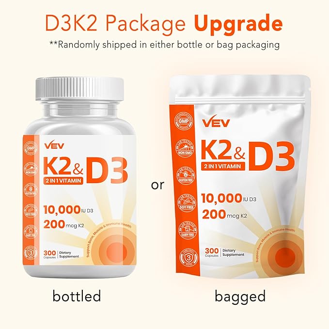 VEV Vitamin D3 K2, 10,000 IU D3, 200mcg K2 (with MK7), Supports Bone and Teeth Health, Dual Nutrient Support for Daily Wellness, Easy to Swallow (Packaging May Vary) – 300 Capsules