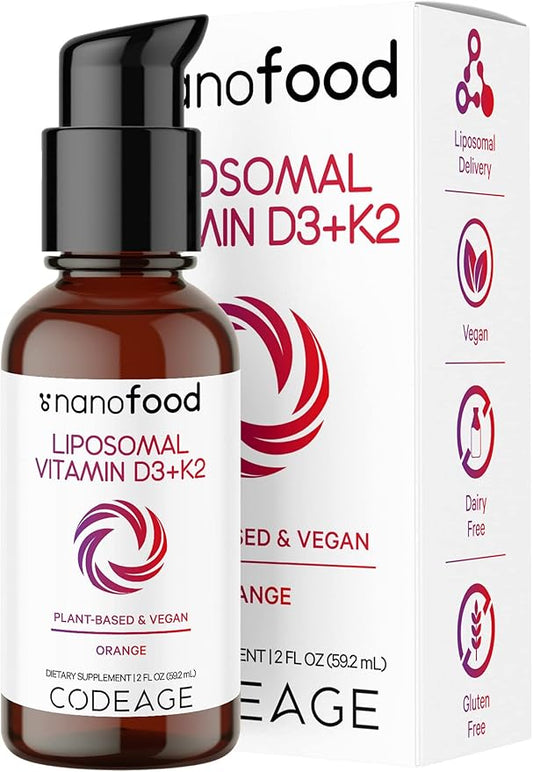 Codeage Liquid Vitamin D3 K2 Supplement, Liposomal Vitamin D Cholecalciferol, Menaquinone MK-7, Liquid Vitamin K - Vegan & Non-GMO - No Sugar - 2 fl oz