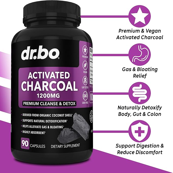 Activated Charcoal Capsules Cleanse Detox - 1200mg Organic Coconut Charcoal Pills for Stomach Gas and Bloating Relief for Men Women Kids - Active Capsules Powder Binder Activated Supplements for Gut
