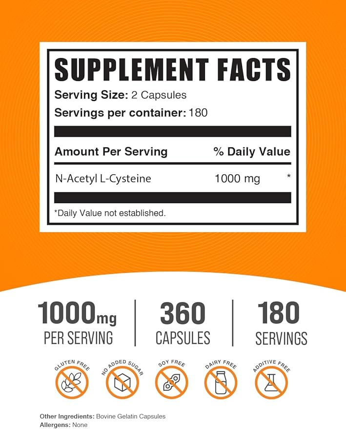 BulkSupplements.com N-Acetyl L-Cysteine 1000mg Capsules - N-Acetyl Cysteine 1000mg, NAC Supplement - NAC 1000mg, Gluten Free - 2 Capsules per Serving, 360 Capsules (Pack of 1)