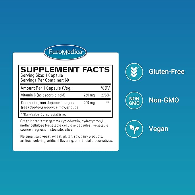 Euromedica Quercetin Plus Vitamin C - Supports Healthy Histamine Response & Respiratory Health - Dietary Supplement for Immune Function Support & Cellular Health - 60 Capsules (60 Servings)