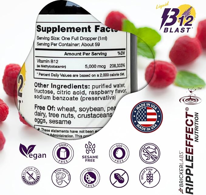 B12 Blast Methylcobalamin 5000mcg, Great Tasting Sublingual Liquid Energy Vitamins -Vegan B12 Vitamins, Sustained Energy and Cellular Health Supplement - 59-Day Servings