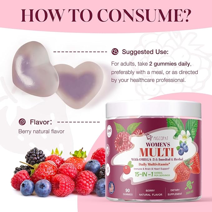 Multivitamin for Women, Womens Multivitamin Gummy w/Omega-3, Inositol, Folate, Biotin, Vitamins A, C, D3, E, B12 for Heart, Brain, Hair, Energy & Immune, Sugar-Free Gummies, Berry Flavor, 90 Cts