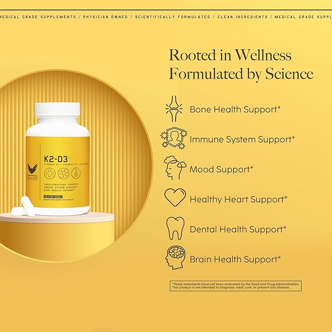 High Level K2-D3, Vitamin K2 Supplement, Dual Action Support Complex with Bioperine (Black Pepper) & 5000IU D3 Cholecalciferol, Support for Heart, Bone & Health Defense, 100MCG, 60 Veggie Capsules