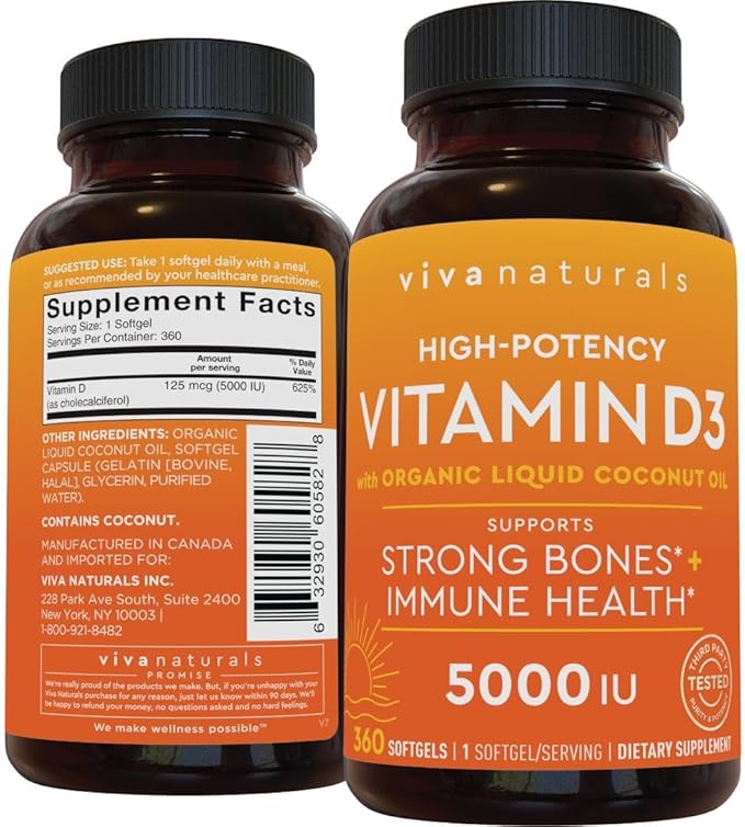 Viva Naturals Vitamin D3 5000 IU Softgels - 360 Count 125 mcg Softgel, Essential D3 Vitamin, Supports Bone Health, Immune Support, Premium Vitamin D, High Potency Vitamin D 5000 IU