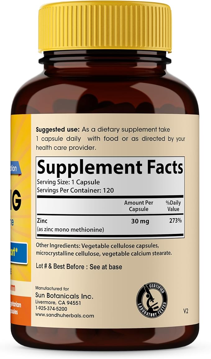 Sandhu Herbals Zinc 30mg Supplement for Men & Women| High Absorption Zinc Monomethionine Complex 120 Capsules| Zinc Supplements for Immune, Acne & Antioxidant Support| Vegetarian, Made in The USA
