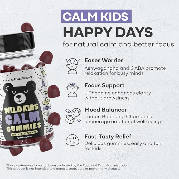 Wild Foods Kids Calm Gummies - Ashwagandha Gummies for Kids w/GABA, L-Theanine, Lemon Balm & Charmomile - Support Natural Relaxation, Stress Relief & Sleep, for Children 4+, Berry Flavor, 60 Count