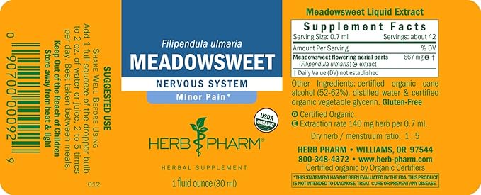 Herb Pharm Certified Organic Meadowsweet Liquid Extract for Minor Pain - 1 Ounce (DMEAD01) (Pack of 2)