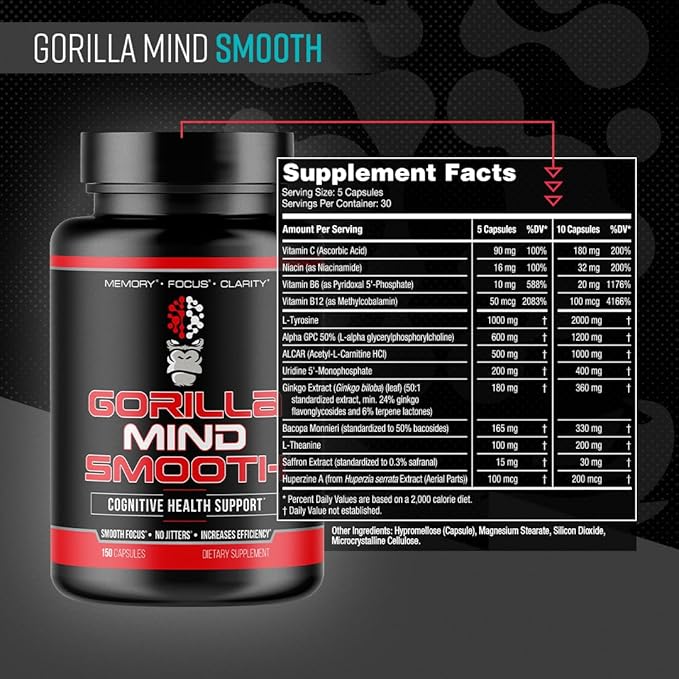 Gorilla Mind Smooth Nootropic Formula - Best Non-Stimulant Productivity Supplement/Memory · Focus · Mental Clarity · No Jitters / 90 Capsules