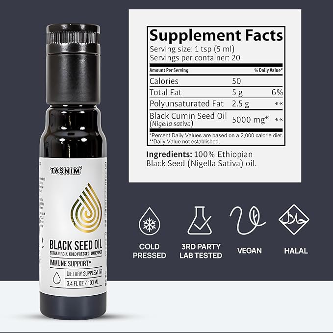 100% Ethiopian BlackSeed Oil 3.4 Fl Oz - Cold Pressed Black Seed Oil for Immune Support, High Potency 5.7% - 21% Thymoquinone Skin, Hair & Overll Health - Unrefined Black Cumin Seed Oil - Gluten Free