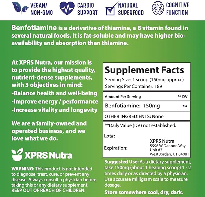 XPRS Nutra Benfotiamine Powder (Thiamine) - Fat Soluble Happy Heart Thiamine Supplement - Advanced Vitamin B1 Benfotiamine for a Cognitive Boost - Vegan Friendly Benfotamine Powder
(1 Ounce)