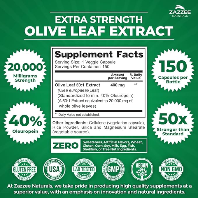 Zazzee Extra Strength Olive Leaf 50:1 Extract, 20,000 mg Strength, 40% Oleuropein, 150 Vegan Capsules, 5 Month Supply, Concentrated and Standardized 50X Extract, 100% Vegetarian, Non-GMO, All-Natural