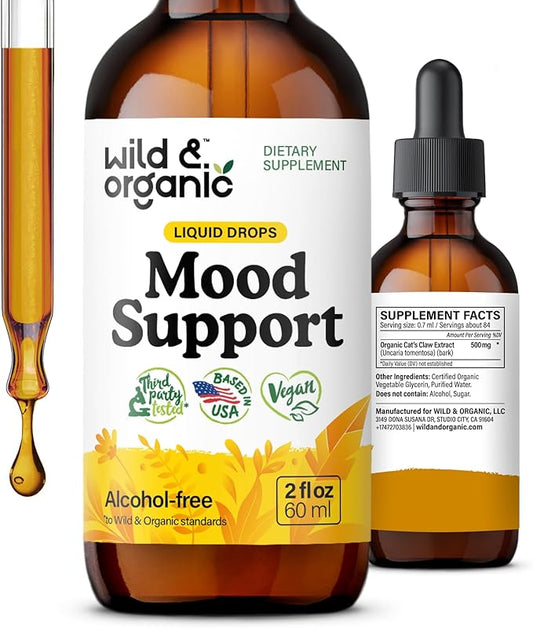 Wild & Organic Mood Support Drops - Good Mood Supplements w/Ashwagandha Root & Rhodiola Rosea - Natural Liquid Drops for Positive Energy - Calm and Relax Supplements for Women and Men - 2 oz