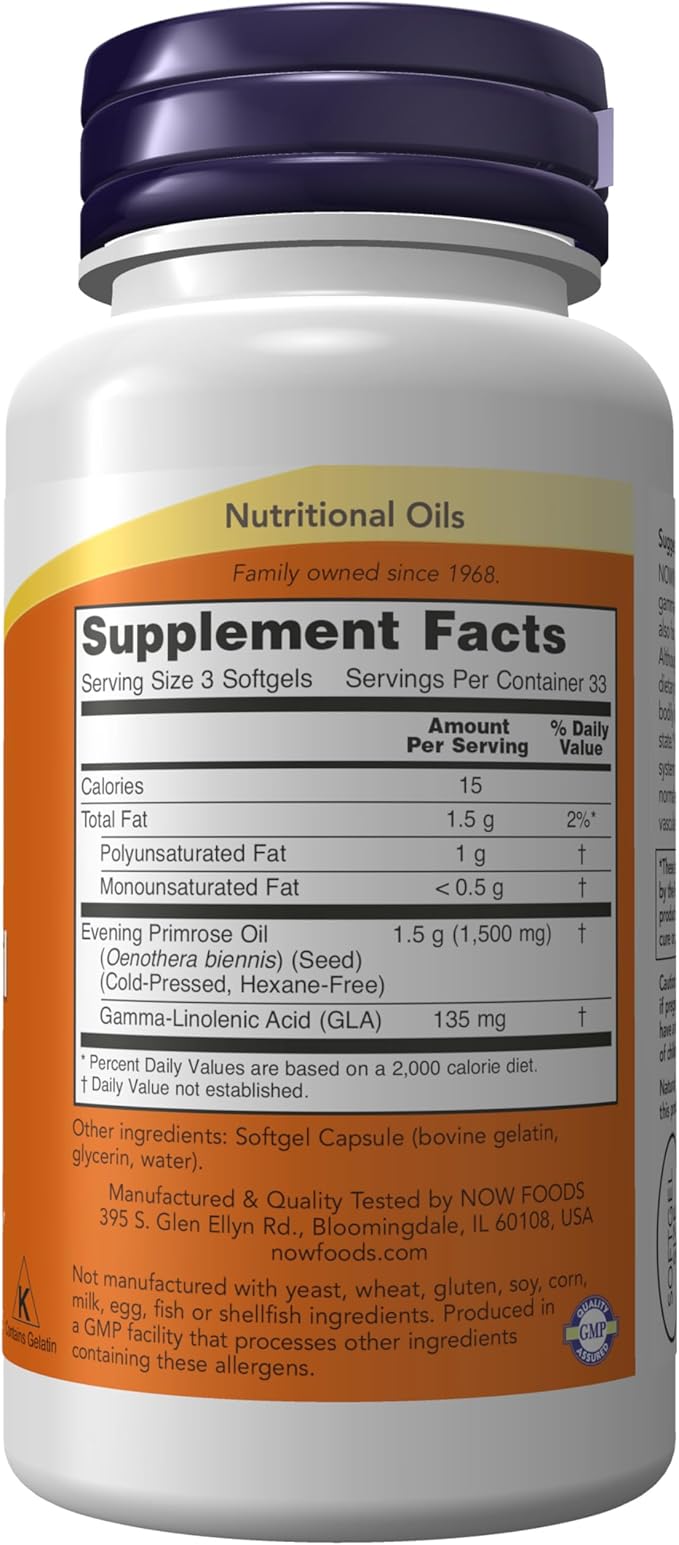 NOW Foods Supplements, Evening Primrose Oil 500 mg with Naturally Occurring GLA (Gamma-Linolenic Acid), 100 Softgels