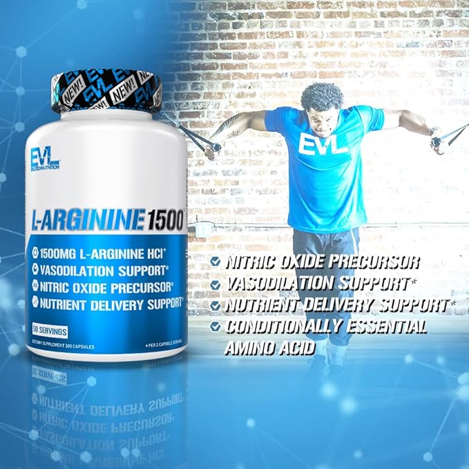 Evlution Nutrition Nitric Oxide Booster L-Arginine Supplement - High Potency Nitric Oxide Supplement with 1500mg of L Arginine HCL for Enhanced Pumps Energy Muscle Growth and Vascularity NO Booster