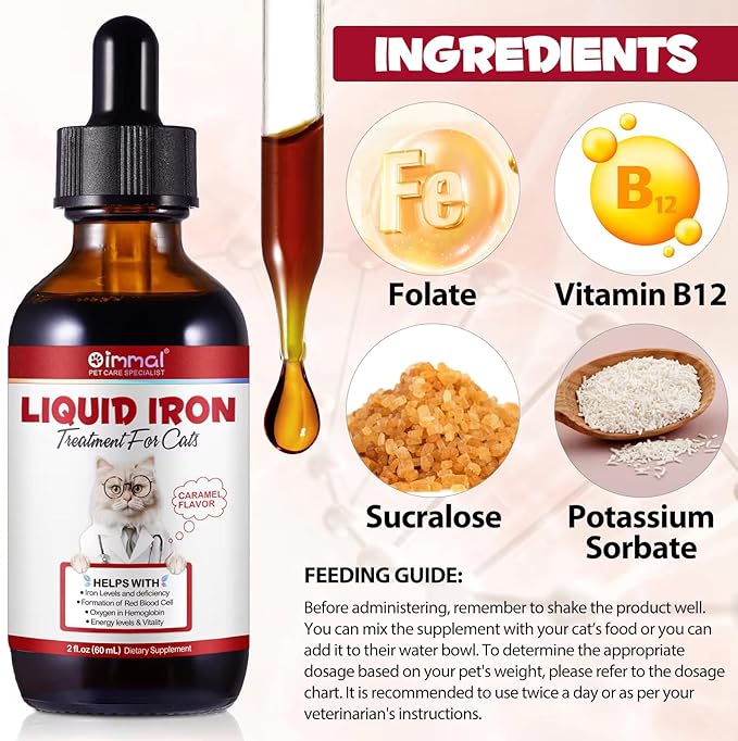 Liquid Iron Supplements for Cats and Kittens - with Folate and B12 – Supplements Anemia, Promotes Blood Health, Oxygen Supply and Blood Cell Formation – Increase Low Energy Levels – Lethargy - 2 oz