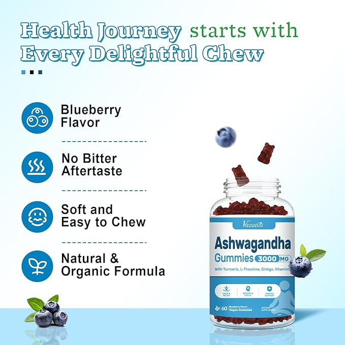 Ashwagandha Gummies for Women & Men, Ashwagandha Supplements for Calm Mood & Increased Energy, Non-GMO, Gluten-Free, Vegan 60ct
